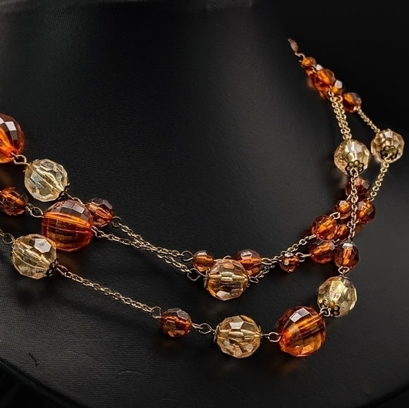 LONG Warm Toned Faceted Beaded Chain Necklace with Aurora Borealis Accents - Picture 3 of 5